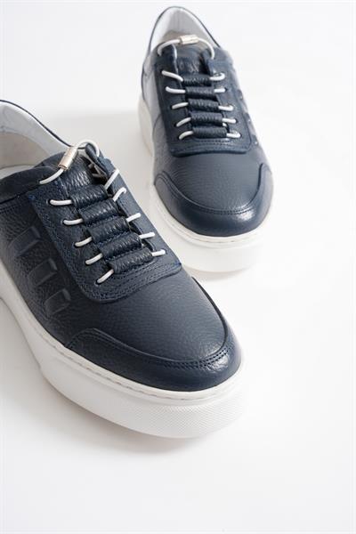 Eryon Erkek Lacivert Hakiki Deri Casual Sneaker Lastik Detaylı Ayakkabı
