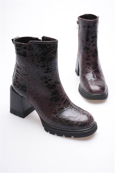 Kadın Deri Bot Benekli Topuklu Fermuarlı Kahve Arvenna