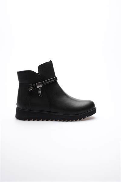 Kadın Deri Bot Fermuarlı Platin Detaylı Siyah Solvia
