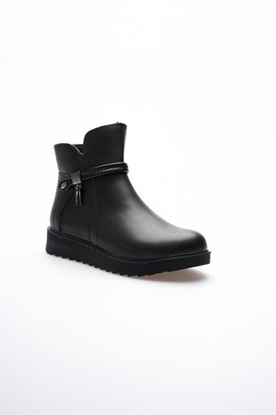Kadın Deri Bot Fermuarlı Platin Detaylı Siyah Solvia