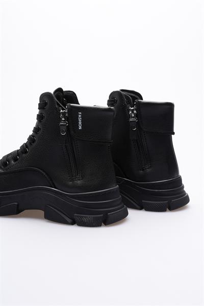 Kadın Deri Bot  Fermuarlı Siyah Corva