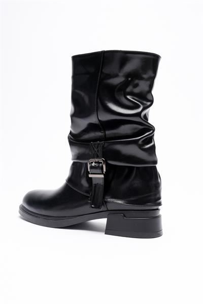 Kadın Deri Bot Körüklü Fermuarlı Platin Tokalı Siyah Vandira