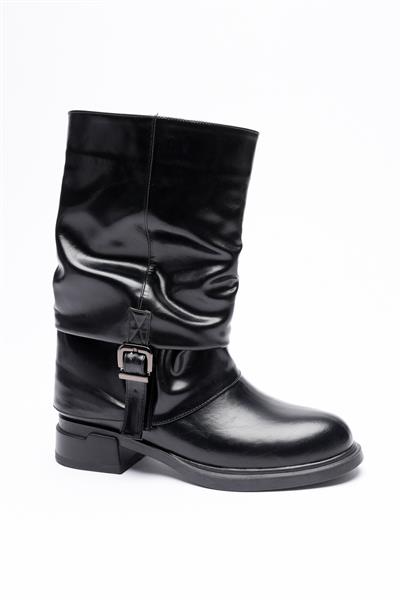 Kadın Deri Bot Körüklü Fermuarlı Platin Tokalı Siyah Vandira