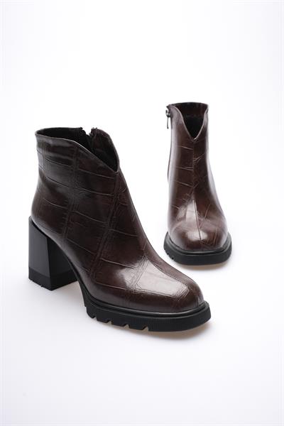 Kadın Deri Bot Kroko Kalın Topuklu Fermuarlı Kahve Orvella