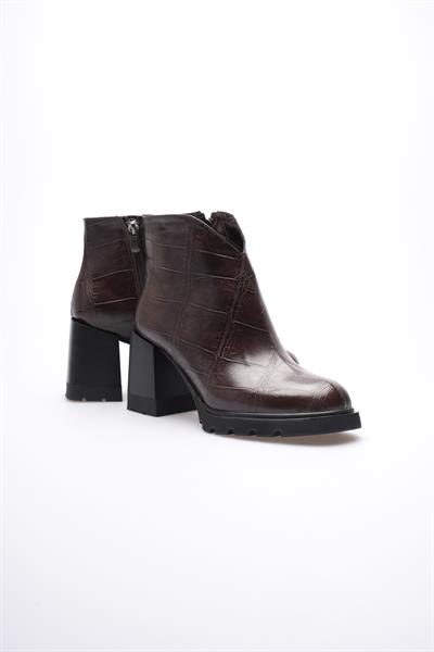 Kadın Deri Bot Kroko Kalın Topuklu Fermuarlı Kahve Orvella