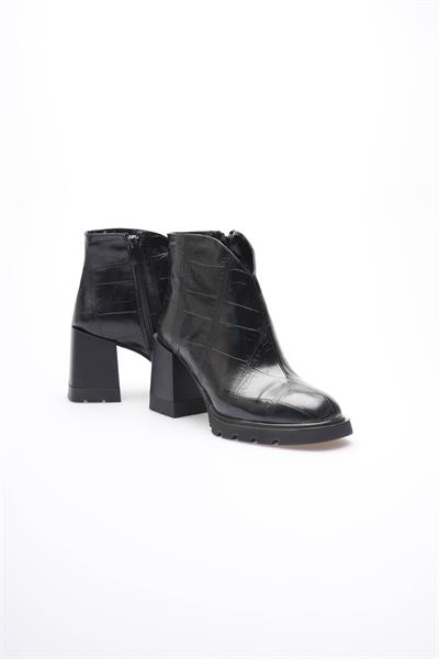 Kadın Deri Bot Kroko Kalın Topuklu Fermuarlı Siyah Orvella