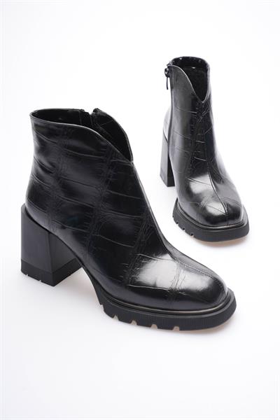 Kadın Deri Bot Kroko Kalın Topuklu Fermuarlı Siyah Orvella