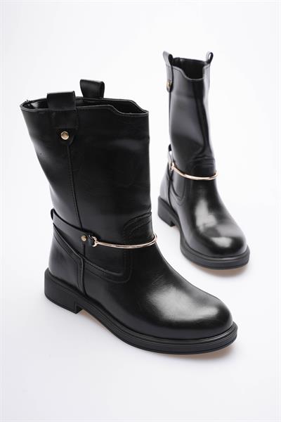 Kadın Deri Çekme Bot Gold Tokalı Siyah Soretta