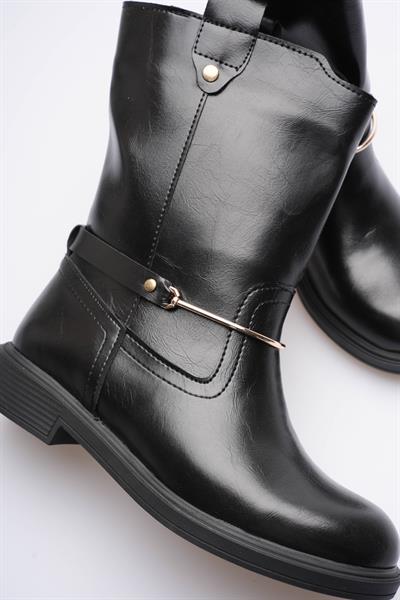 Kadın Deri Çekme Bot Gold Tokalı Siyah Soretta