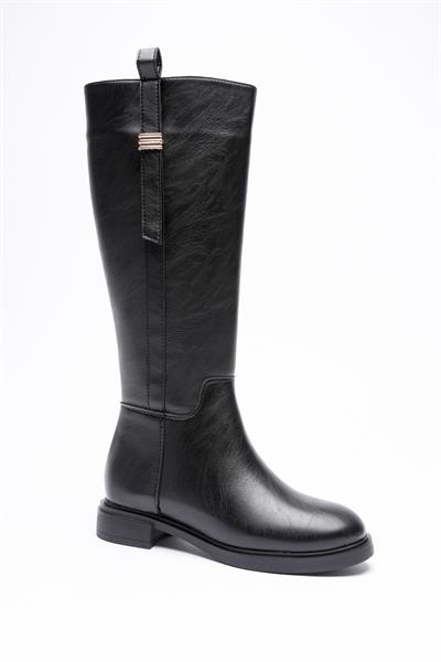 Kadın Deri Çizme Fermuarlı Gold Aksesuarlı Siyah Ferina