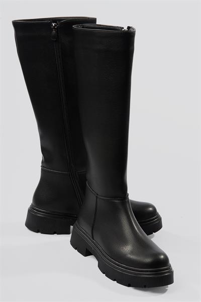 Kadın Deri Çizme Kalın Tabanlı Fermuarlı Siyah Morre