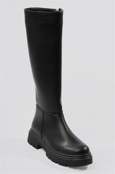 Kadın Deri Çizme Kalın Tabanlı Fermuarlı Siyah Morre
