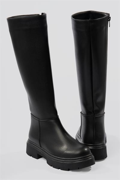 Kadın Deri Çizme Kalın Tabanlı Fermuarlı Siyah Morre