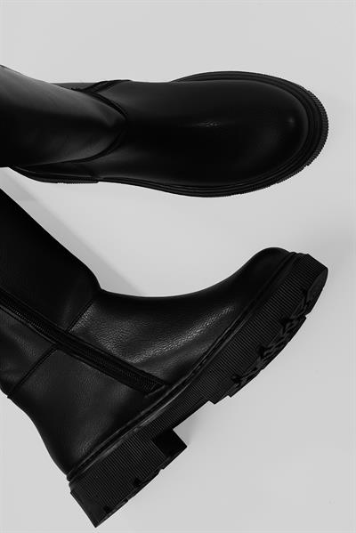 Kadın Deri Çizme Kalın Tabanlı Fermuarlı Siyah Morre