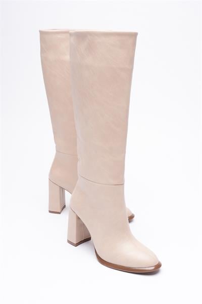 Kadın Deri Çizme Yüksek Kalın Topuklu 9 cm Bej Montera