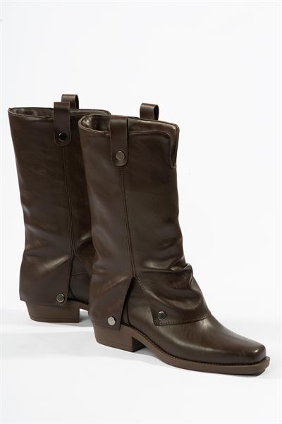 Kadın Deri Kovboy Çizme Küt Burunlu Körüklü Kahve Texara