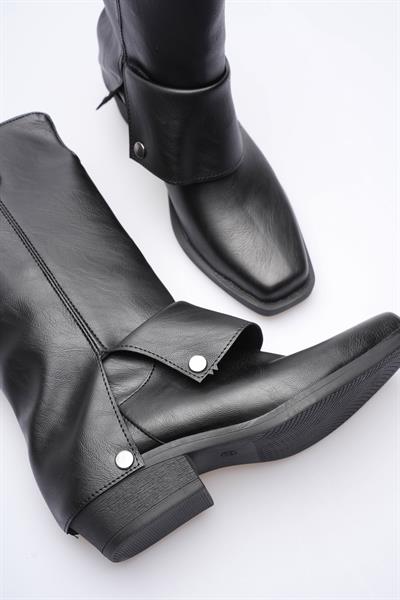 Kadın Deri Kovboy Çizme Küt Burunlu Körüklü Siyah Texara