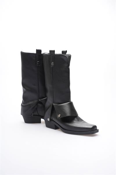 Kadın Deri Kovboy Çizme Küt Burunlu Körüklü Siyah Texara