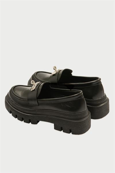 Kadın Deri Loafer Kalın Comfort Tabanlı Metal Tokalı Siyah Vareen