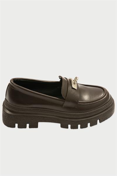 Kadın Deri Loafer Kalın Comfort Tabanlı Metal Tokalı Kahve Vareen