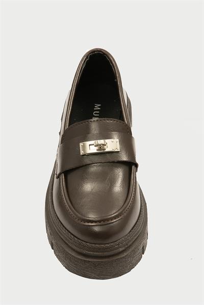 Kadın Deri Loafer Kalın Comfort Tabanlı Metal Tokalı Kahve Vareen