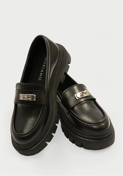Kadın Deri Loafer Kalın Comfort Tabanlı Metal Tokalı Siyah Vareen