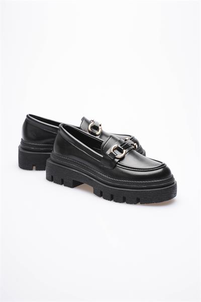 Kadın Deri Loafer Oxford Kalın Comfort Tabanlı  Toka Detaylı Siyah Auren