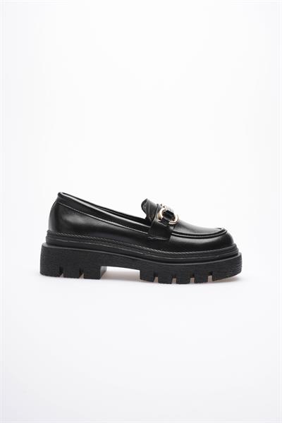 Kadın Deri Loafer Oxford Kalın Comfort Tabanlı  Toka Detaylı Siyah Auren