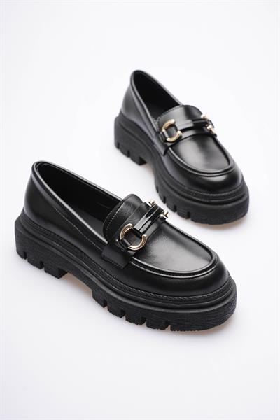 Kadın Deri Loafer Oxford Kalın Comfort Tabanlı  Toka Detaylı Siyah Auren