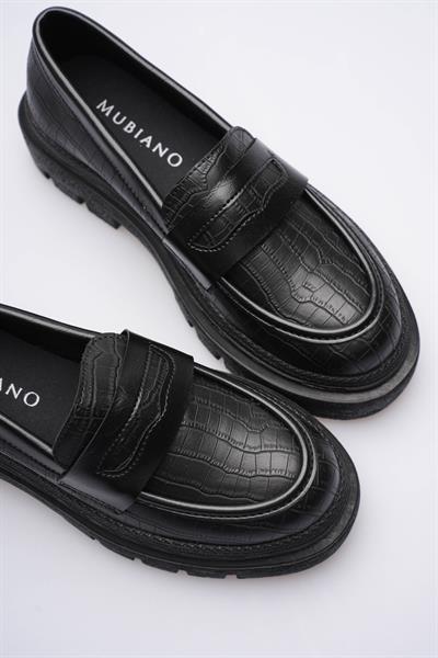 Kadın Deri Loafer Oxford Krokodil Desenli Kalın Comfort Tabanlı Siyah Carmin