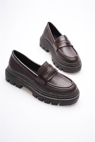 Kadın Deri Loafer Oxford Krokodil Desenli Kalın Comfort Tabanlı Kahve Carmin