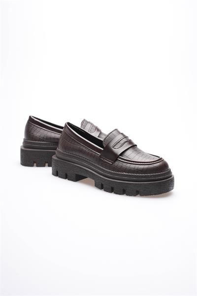 Kadın Deri Loafer Oxford Krokodil Desenli Kalın Comfort Tabanlı Kahve Carmin