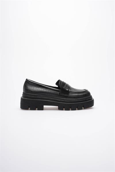Kadın Deri Loafer Oxford Krokodil Desenli Kalın Comfort Tabanlı Siyah Carmin