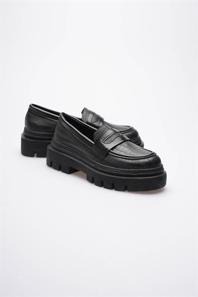 Kadın Deri Loafer Oxford Krokodil Desenli Kalın Comfort Tabanlı Siyah Carmin