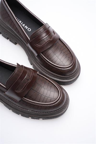 Kadın Deri Loafer Oxford Krokodil Desenli Kalın Comfort Tabanlı Kahve Carmin