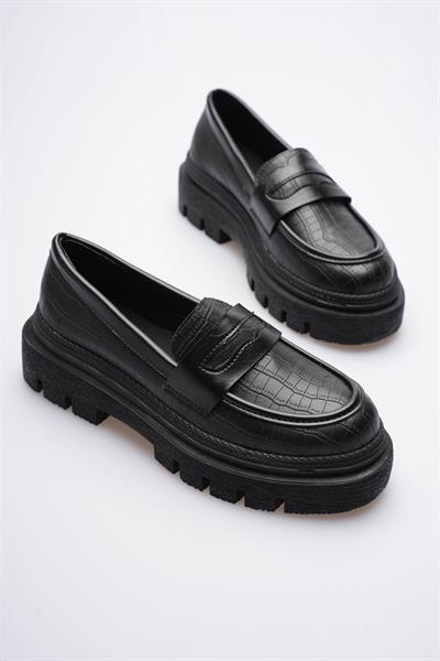 Kadın Deri Loafer Oxford Krokodil Desenli Kalın Comfort Tabanlı Siyah Carmin