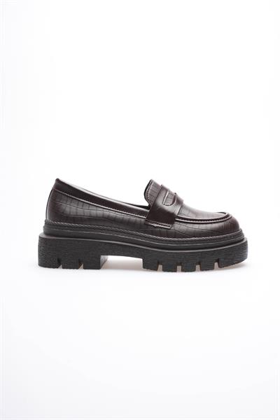 Kadın Deri Loafer Oxford Krokodil Desenli Kalın Comfort Tabanlı Kahve Carmin