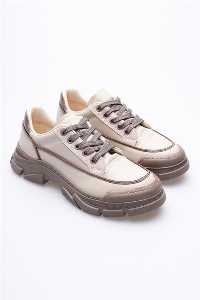 Kadın Deri Sneaker Bağcıklı Spor Ayakkabı Bej Mareo
