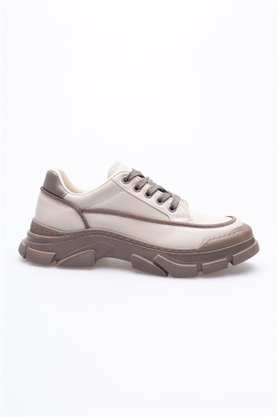 Kadın Deri Sneaker Bağcıklı Spor Ayakkabı Bej Mareo