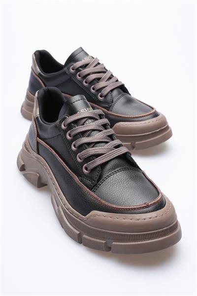 Kadın Deri Sneaker Bağcıklı Spor Ayakkabı Siyah Mareo