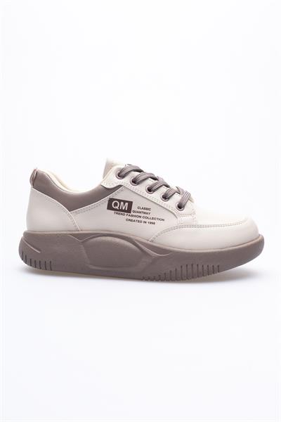 Kadın Deri Sneaker Bağcıklı Spor Ayakkabı Bej Avelo