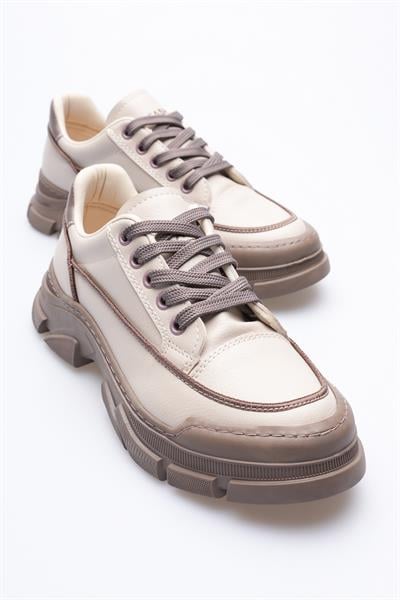 Kadın Deri Sneaker Bağcıklı Spor Ayakkabı Bej Mareo