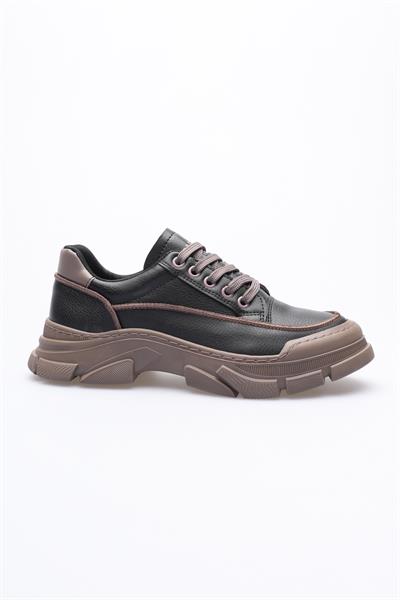Kadın Deri Sneaker Bağcıklı Spor Ayakkabı Siyah Mareo