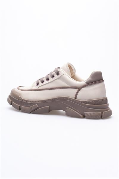 Kadın Deri Sneaker Bağcıklı Spor Ayakkabı Bej Mareo