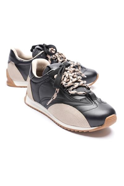 Kadın Deri Sneaker Paraşüt Detaylı Siyah-Bej Lurea