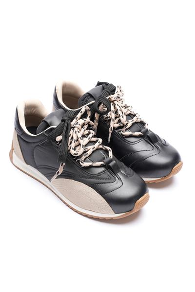Kadın Deri Sneaker Paraşüt Detaylı Siyah-Bej Lurea