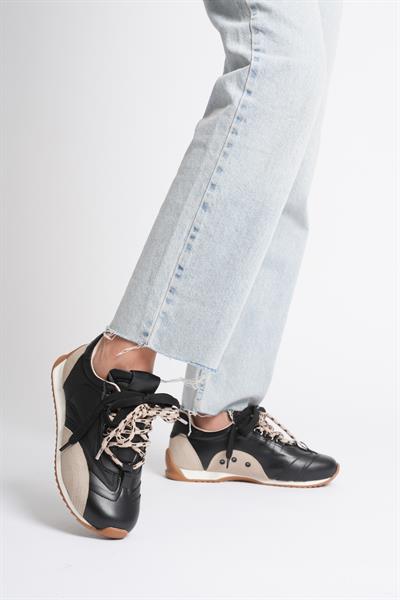 Kadın Deri Sneaker Paraşüt Detaylı Siyah-Bej Lurea