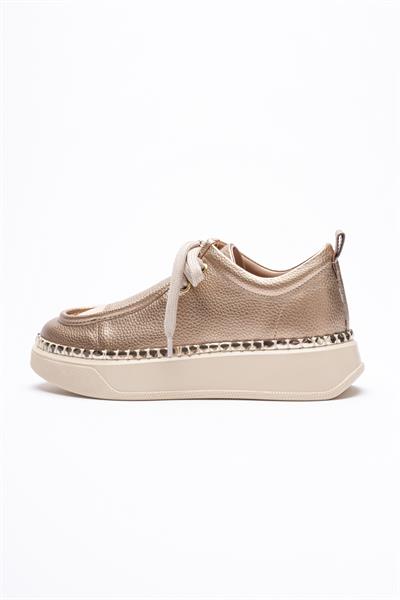 Kadın Deri Sneaker Spor Ayakkabı Gold Detaylı Bağcıklı Gold Vina