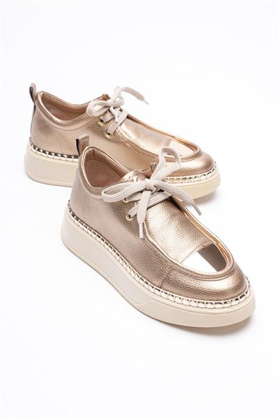Kadın Deri Sneaker Spor Ayakkabı Gold Detaylı Bağcıklı Gold Vina