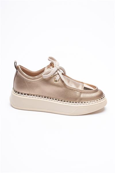 Kadın Deri Sneaker Spor Ayakkabı Gold Detaylı Bağcıklı Gold Vina